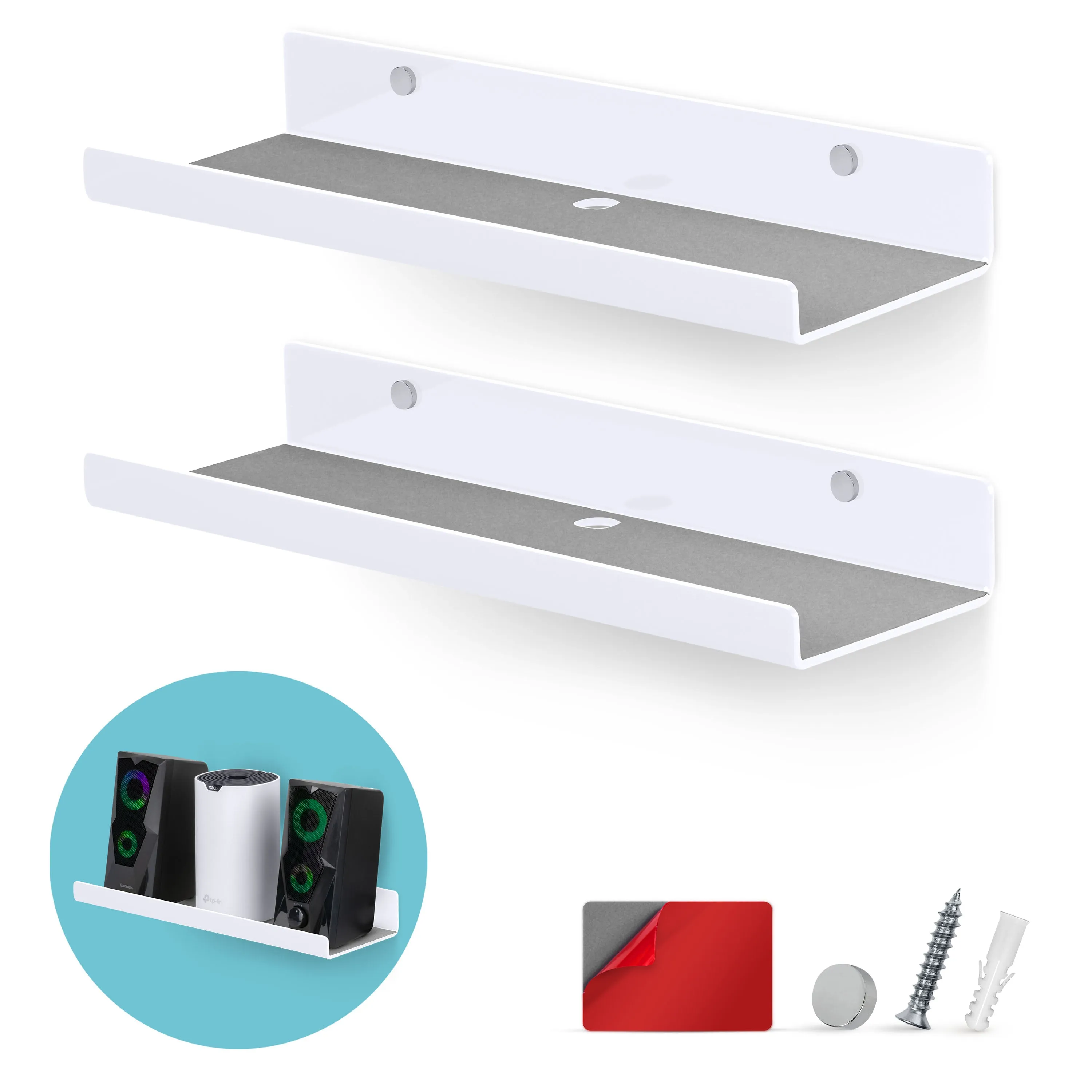 2-Pack 15" Floating Acrylic Wall Shelf for Speakers, Books, Decor, Plants, Cameras, Photos, Kitchen, Bathroom, Routers & More Universal Small Holder Shelves