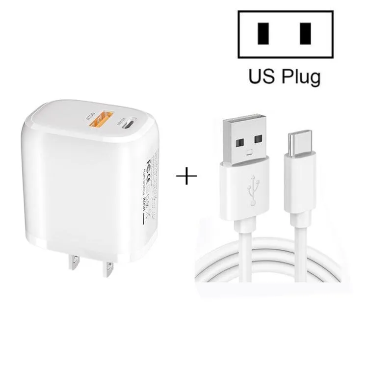 20W Compact Dual-Port Fast Charger with 3A USB-C Cable for Quick Charging