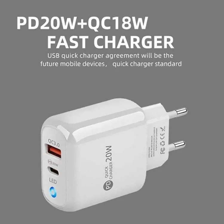 20W Dual-Port Type-C & USB Mobile Phone Charger with Type-C to Type-C Cable, EU Plug