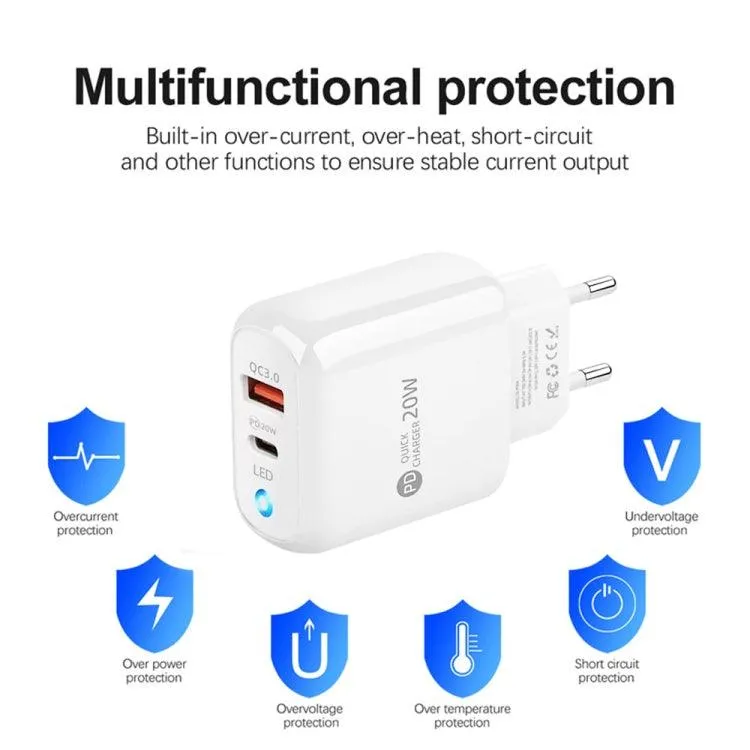 20W Dual-Port Type-C & USB Mobile Phone Charger with Type-C to Type-C Cable, EU Plug