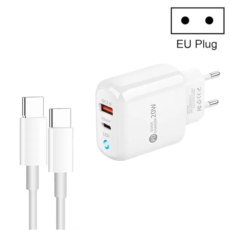 20W Dual-Port Type-C & USB Mobile Phone Charger with Type-C to Type-C Cable, EU Plug