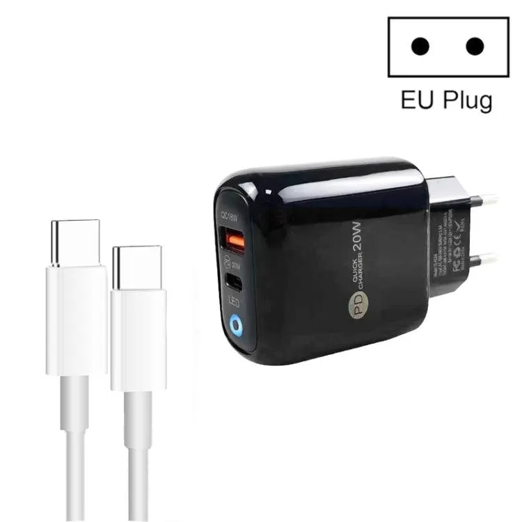 20W Dual-Port Type-C & USB Mobile Phone Charger with Type-C to Type-C Cable, EU Plug