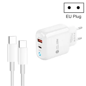 20W Dual-Port Type-C & USB Mobile Phone Charger with Type-C to Type-C Cable, EU Plug