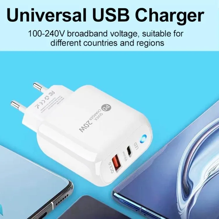 20W Dual-Port Type-C & USB Mobile Phone Charger with Type-C to Type-C Cable, EU Plug