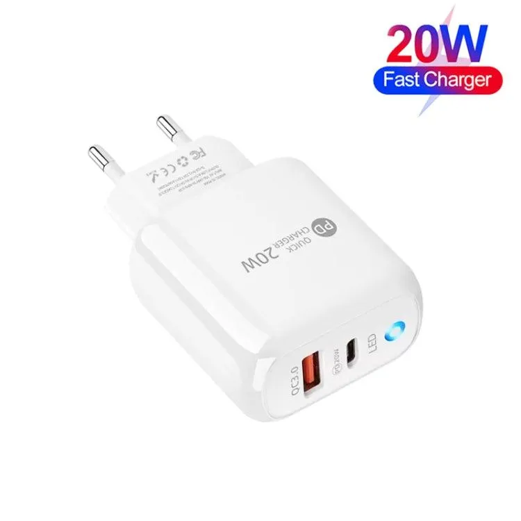 20W Dual-Port Type-C & USB Mobile Phone Charger with Type-C to Type-C Cable, EU Plug