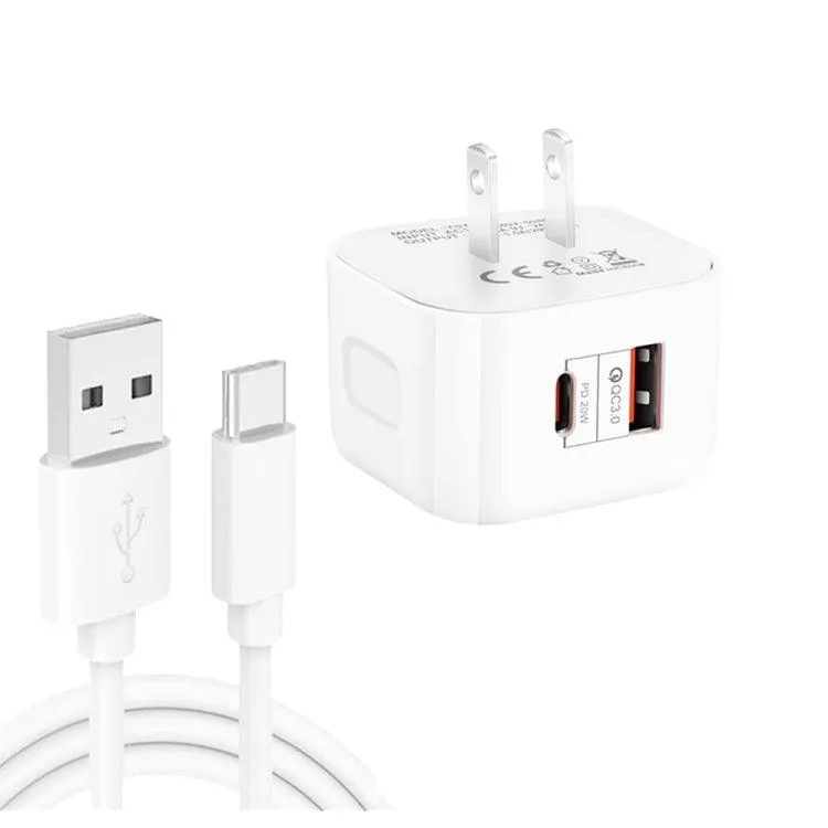 20W PD3.0 & QC3.0 Dual Fast Charge Travel Charger with USB-C Data Cable