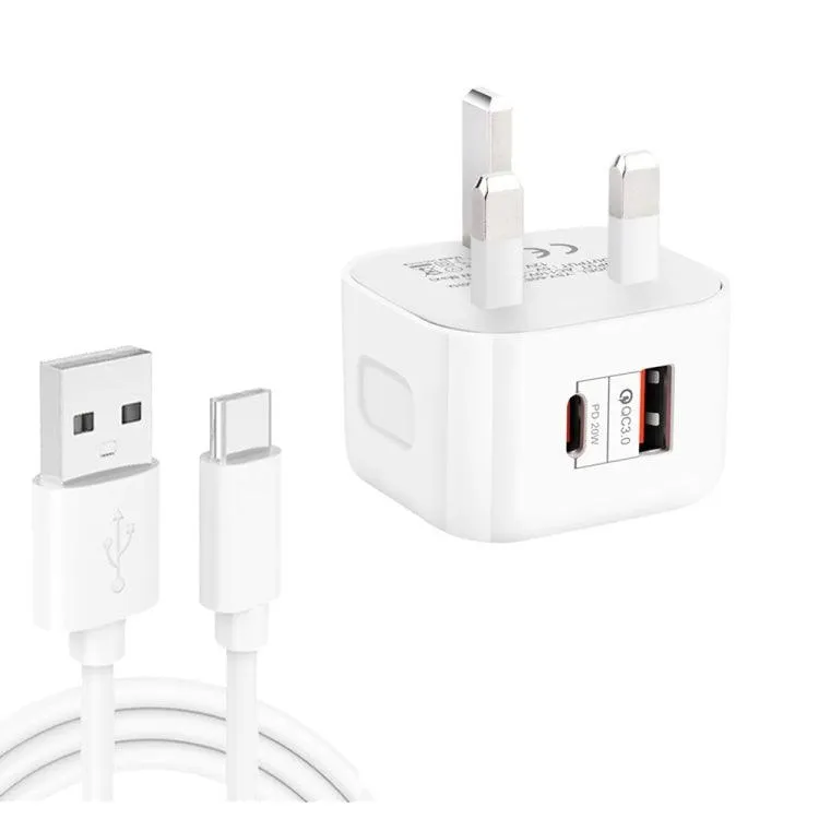 20W PD3.0 & QC3.0 Dual Fast Charge Travel Charger with USB-C Data Cable