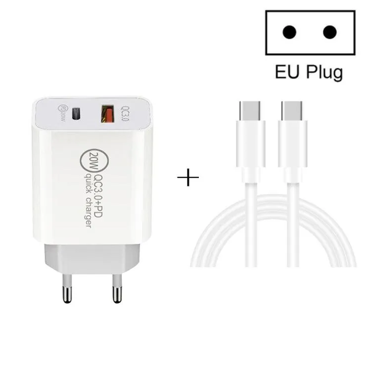 20W Power Delivery Type-C Fast Charging Travel Charger with Quick Charge 3.0 and Type-C to Type-C Data Cable