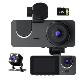 3 Channel Car DVR HD 1080P Vehicle Dash Cam Three Way Camera DVRs Recorder with 32 GB Card