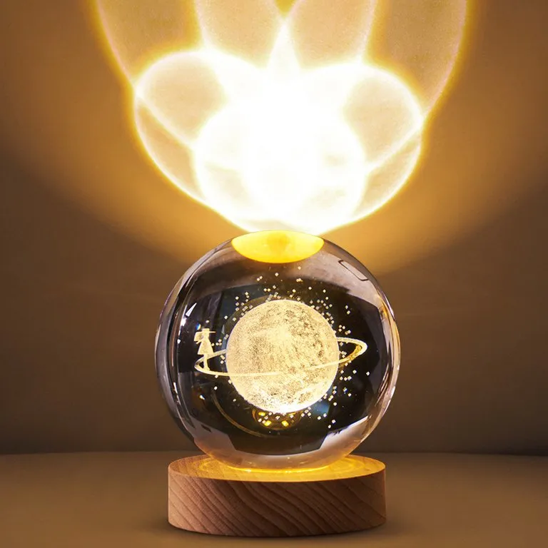 3D Galaxy Crystal Ball LED Night Light With Wooden Base