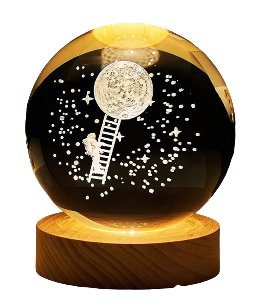 3D Galaxy Crystal Ball LED Night Light With Wooden Base