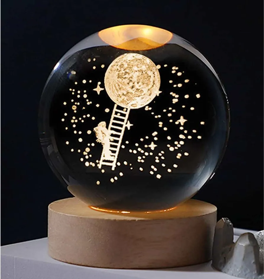 3D Galaxy Crystal Ball LED Night Light With Wooden Base