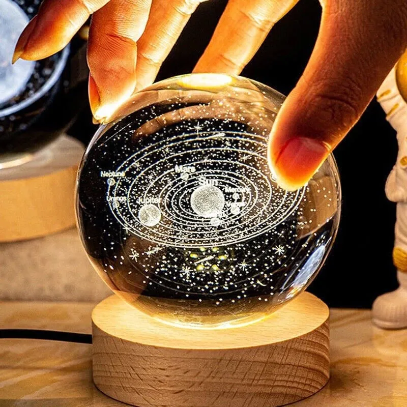 3D Galaxy Crystal Ball LED Night Light With Wooden Base