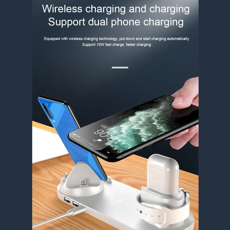 6 in 1 Qi Wireless Charger Fast 10W Wireless Dock Charging Station for iPhone Android