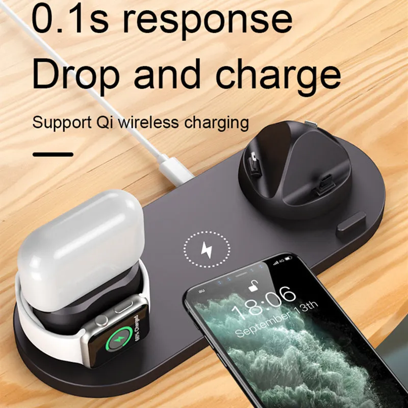 6 in 1 Qi Wireless Charger Fast 10W Wireless Dock Charging Station for iPhone Android