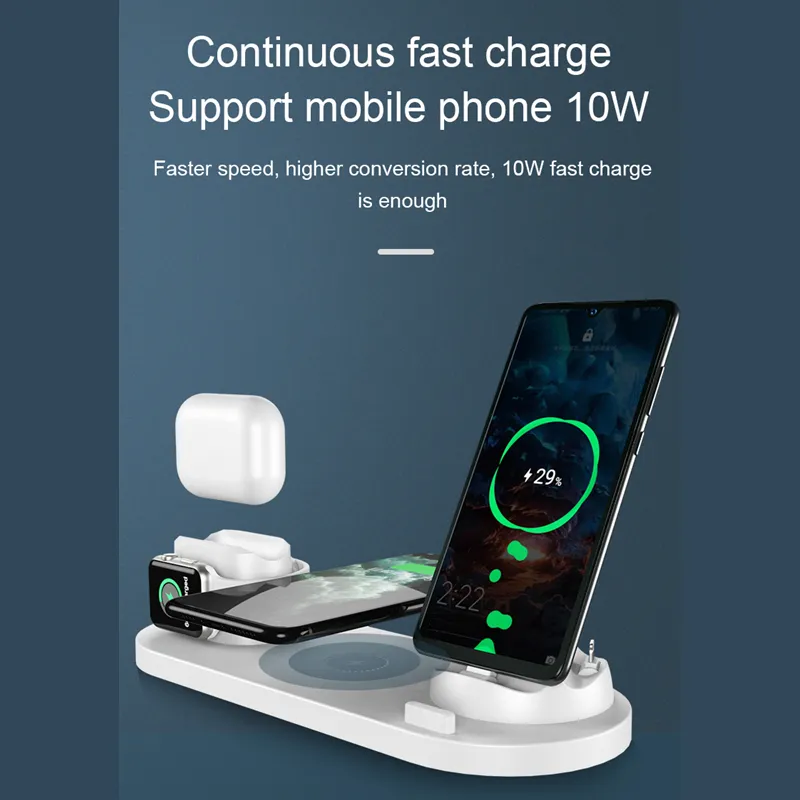 6 in 1 Qi Wireless Charger Fast 10W Wireless Dock Charging Station for iPhone Android