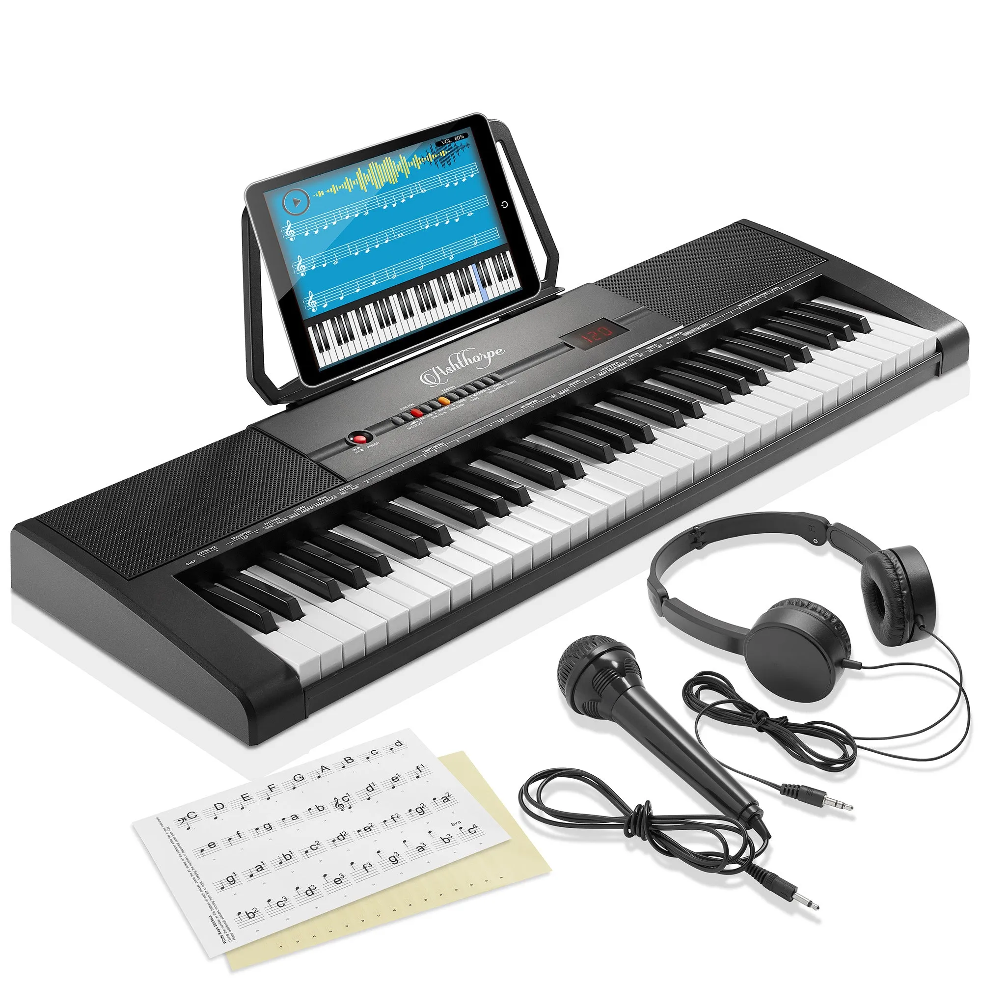 61-Key Digital Keyboard Piano, Portable Beginner Kit with Headphones and Mic