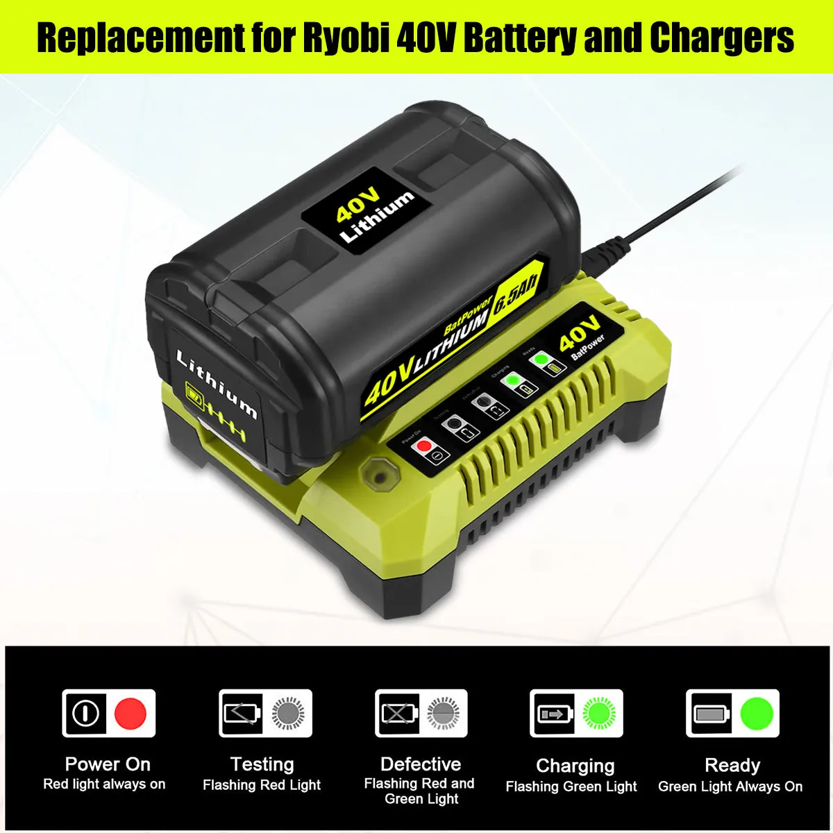 6.5AH 40V Lithium Battery and Charger Combo for Ryobi 40V Battery with Charger Kit OP401 OP40602 OP40601 6Ah 5Ah 4Ah 3Ah Ryobi 40V Battery and Charger