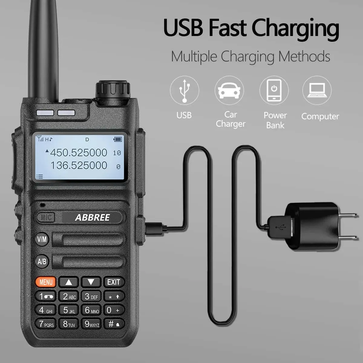 ABBREE AR-F5 136-520mhz Full Band USB Type C Charger Walkie Talkie Ham Two-way Radio Stations Long Range Professional Radio