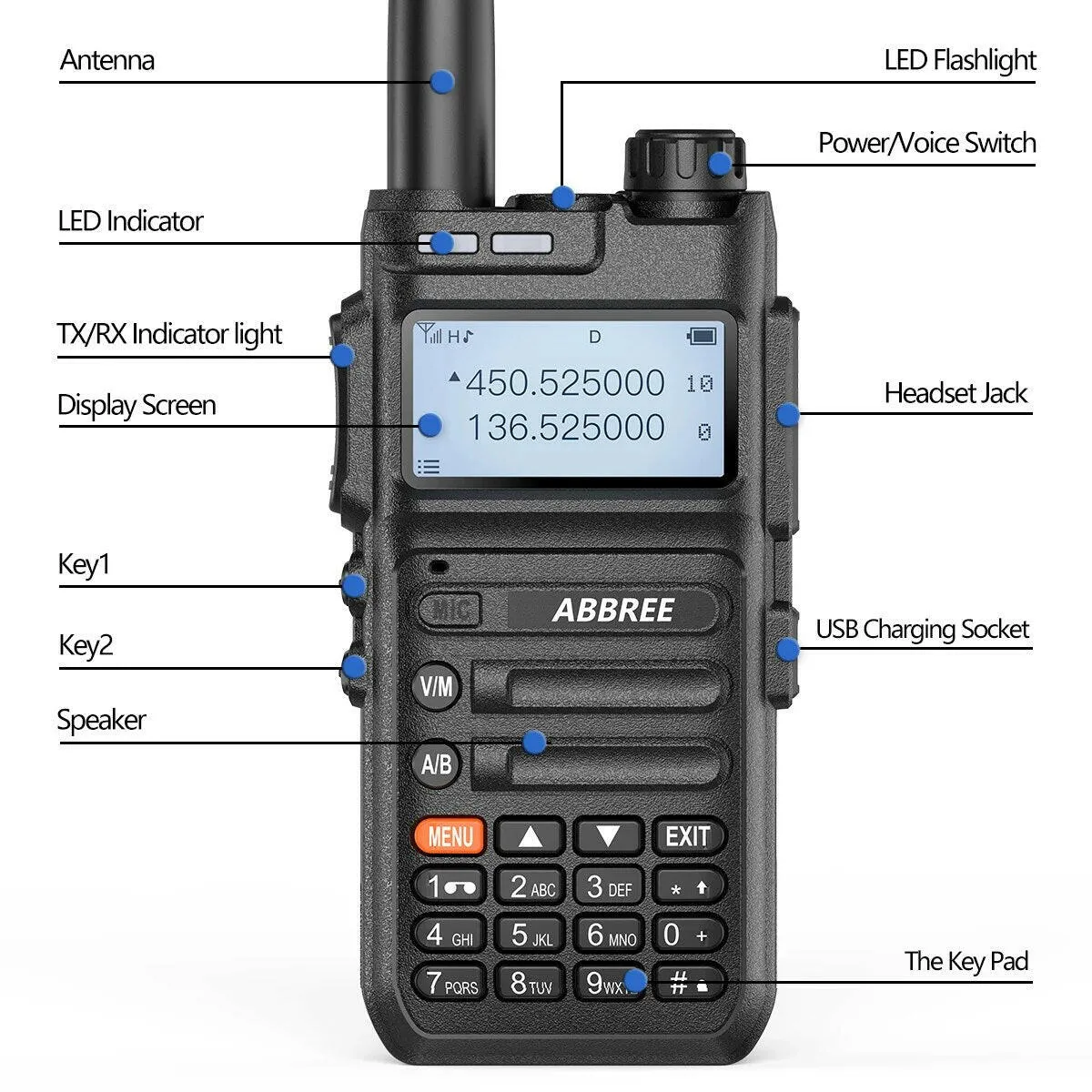 ABBREE AR-F5 136-520mhz Full Band USB Type C Charger Walkie Talkie Ham Two-way Radio Stations Long Range Professional Radio