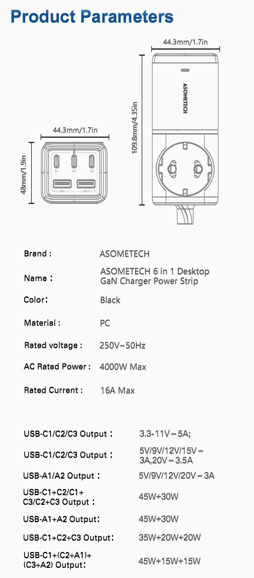 ASOMETECH 75W GaN Desktop Charger Power Strip Charging Station 4000W Rated Power 70W PD Quick Charger For iPhone Samsung Laptop