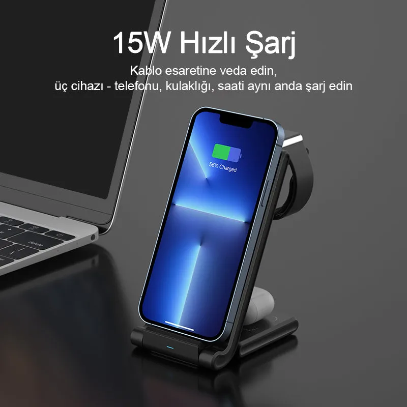 atongm 15W 3in1 Kablosuz Masaüstü Şarj Dock Standı Universal Portable Wireless Charge Station