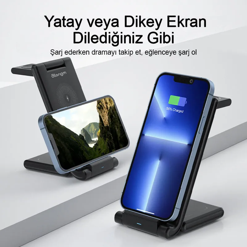 atongm 15W 3in1 Kablosuz Masaüstü Şarj Dock Standı Universal Portable Wireless Charge Station