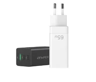 Awei 65W Dual Type-C / Usb-C   Usb Gan Fast Charging Travel Charger Eu Plug(Black)