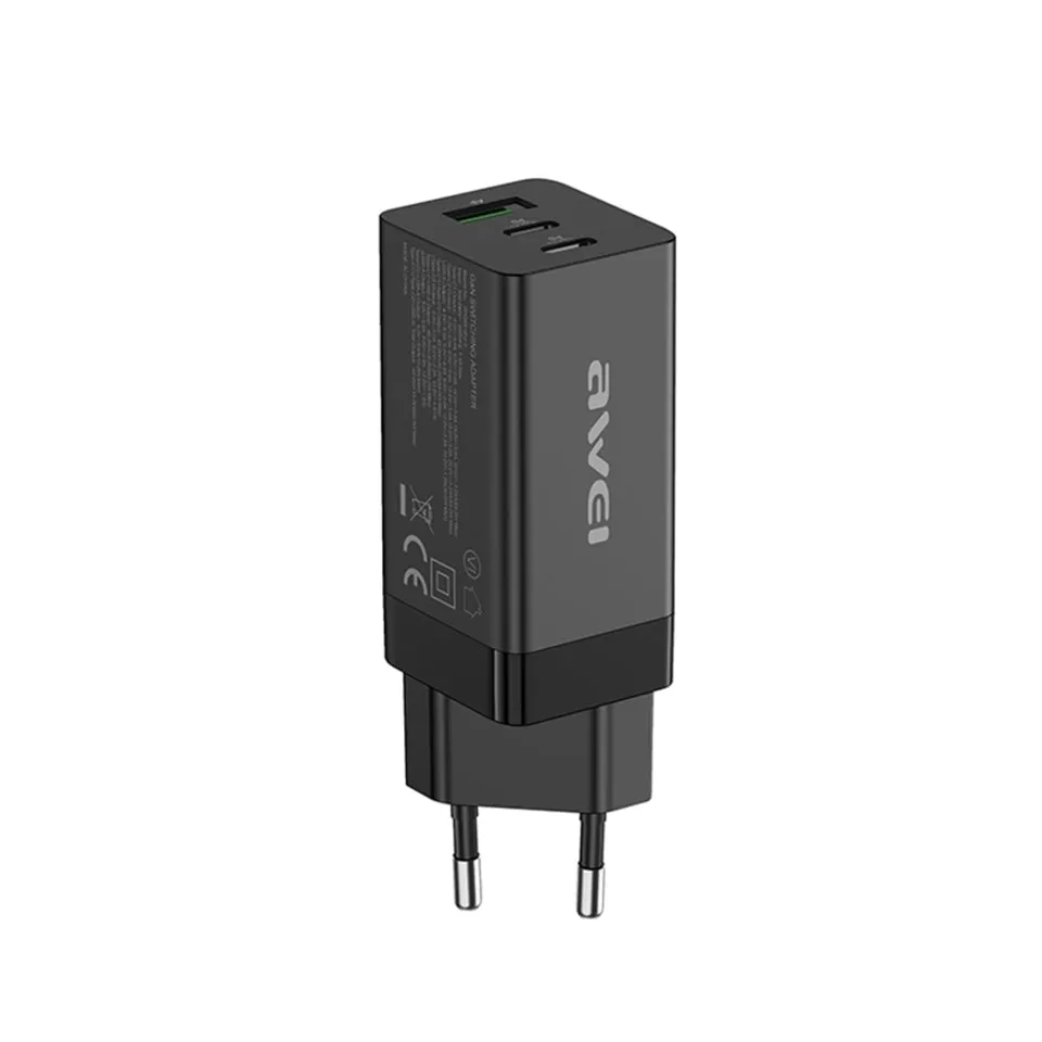 Awei 65W Dual Type-C / Usb-C   Usb Gan Fast Charging Travel Charger Eu Plug(Black)