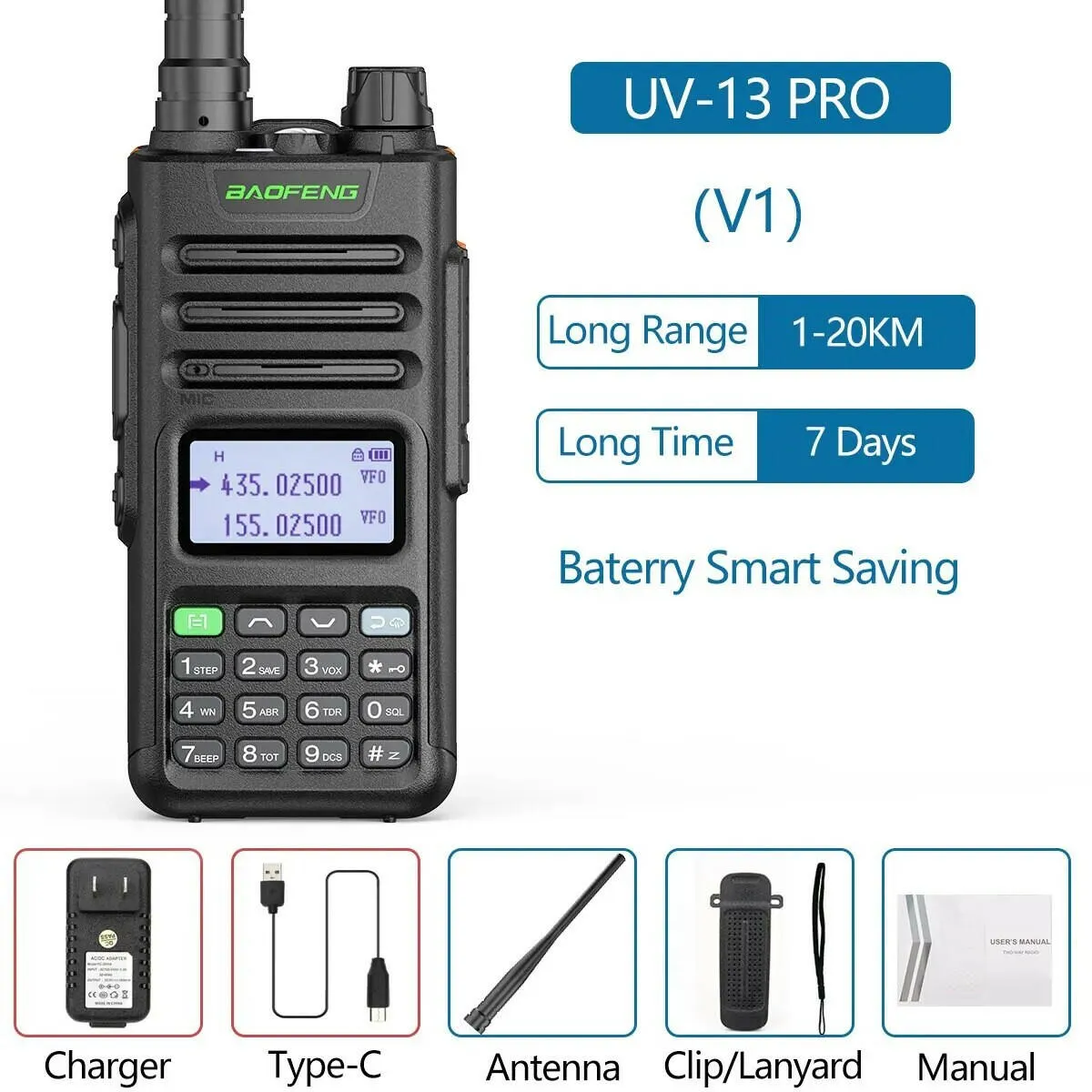 BaoFeng UV-13 PRO V1 V2 High Power Dual Band Walkie Talkie Type C Charger 16 KM Long Range UV13 Transceiver Ham Two Way Radio