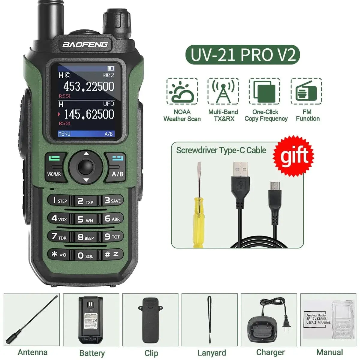 Baofeng UV-21 Pro Walkie Talkie Tri-Band Wireless Copy Frequency Long Range 999CH NOAA High Power Type-C UV-5R Ham Two Way Radio