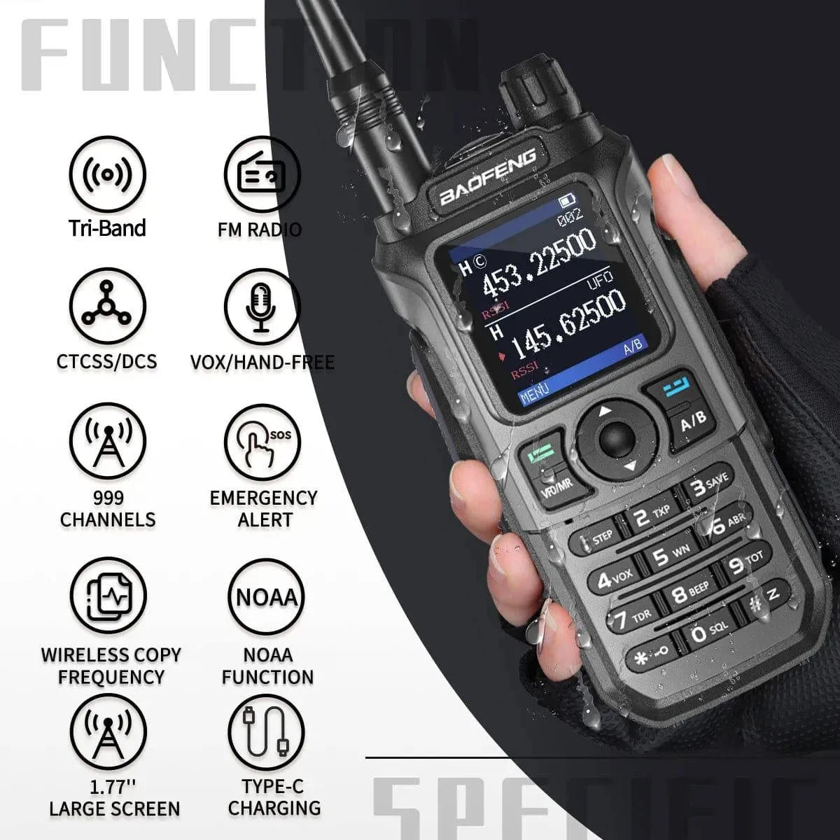 Baofeng UV-21 Pro Walkie Talkie Tri-Band Wireless Copy Frequency Long Range 999CH NOAA High Power Type-C UV-5R Ham Two Way Radio