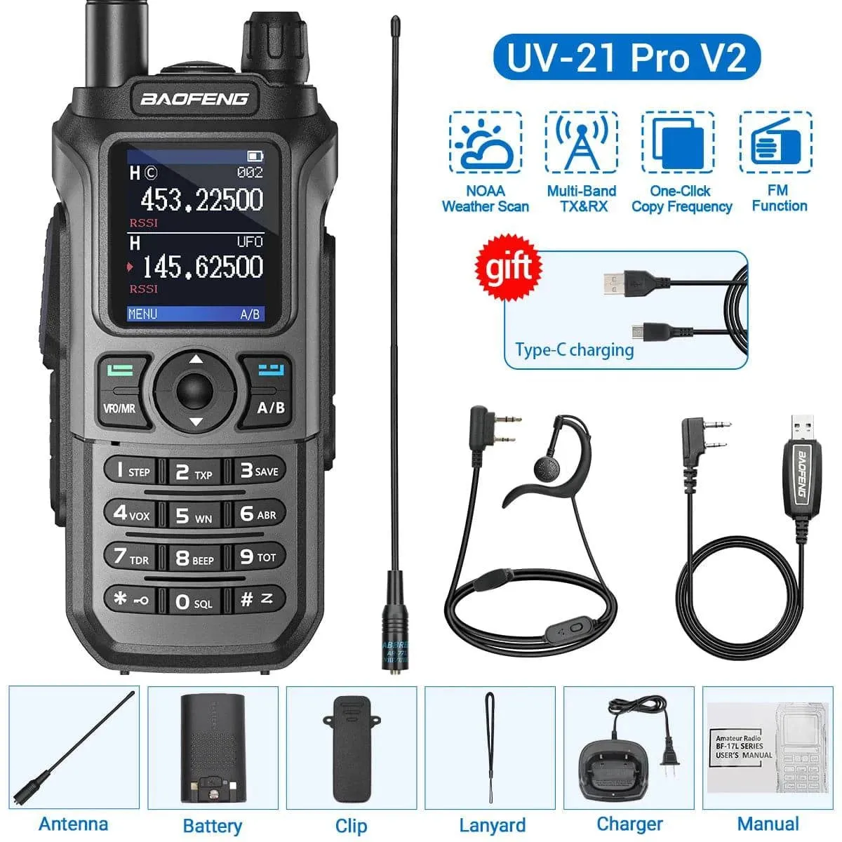 Baofeng UV-21 Pro Walkie Talkie Tri-Band Wireless Copy Frequency Long Range 999CH NOAA High Power Type-C UV-5R Ham Two Way Radio