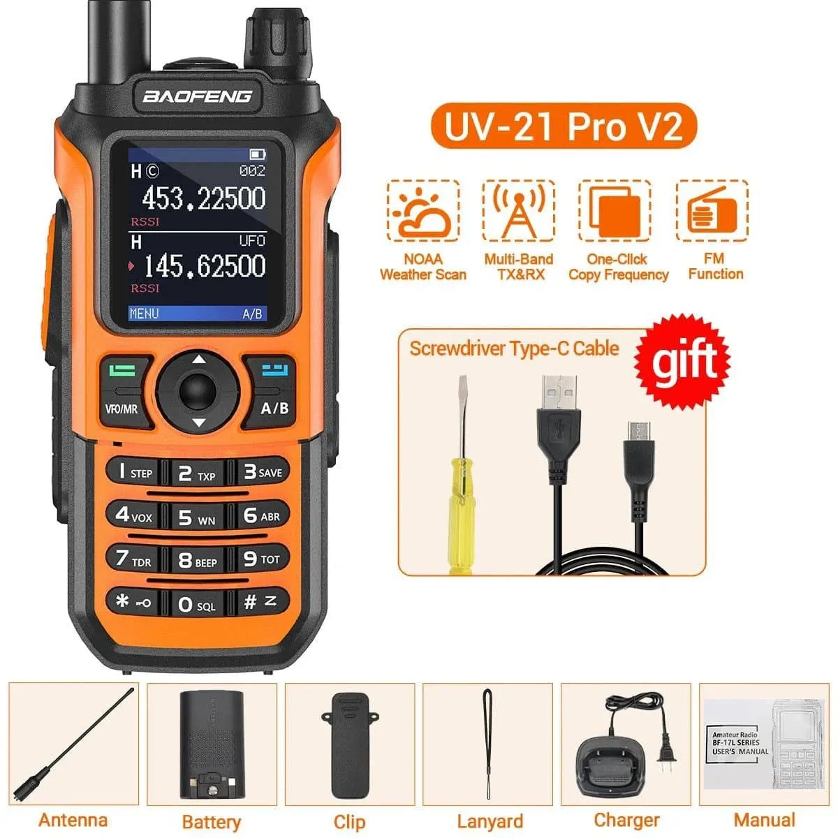 Baofeng UV-21 Pro Walkie Talkie Tri-Band Wireless Copy Frequency Long Range 999CH NOAA High Power Type-C UV-5R Ham Two Way Radio