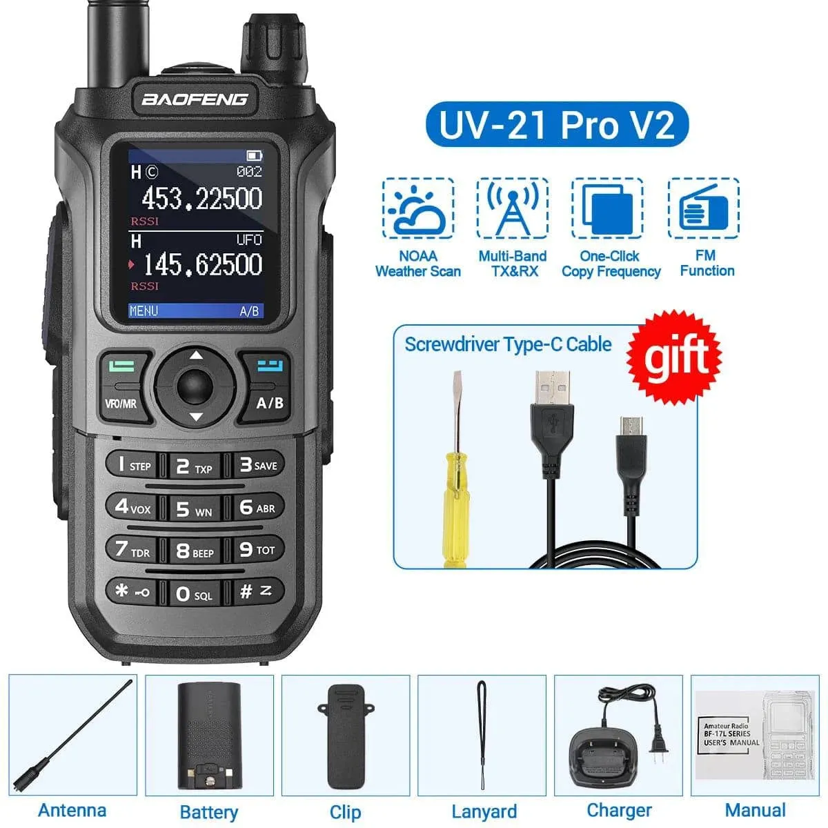 Baofeng UV-21 Pro Walkie Talkie Tri-Band Wireless Copy Frequency Long Range 999CH NOAA High Power Type-C UV-5R Ham Two Way Radio