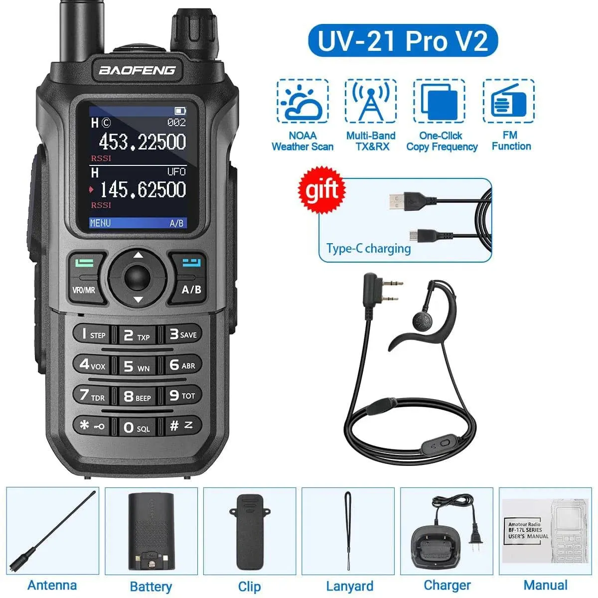 Baofeng UV-21 Pro Walkie Talkie Tri-Band Wireless Copy Frequency Long Range 999CH NOAA High Power Type-C UV-5R Ham Two Way Radio