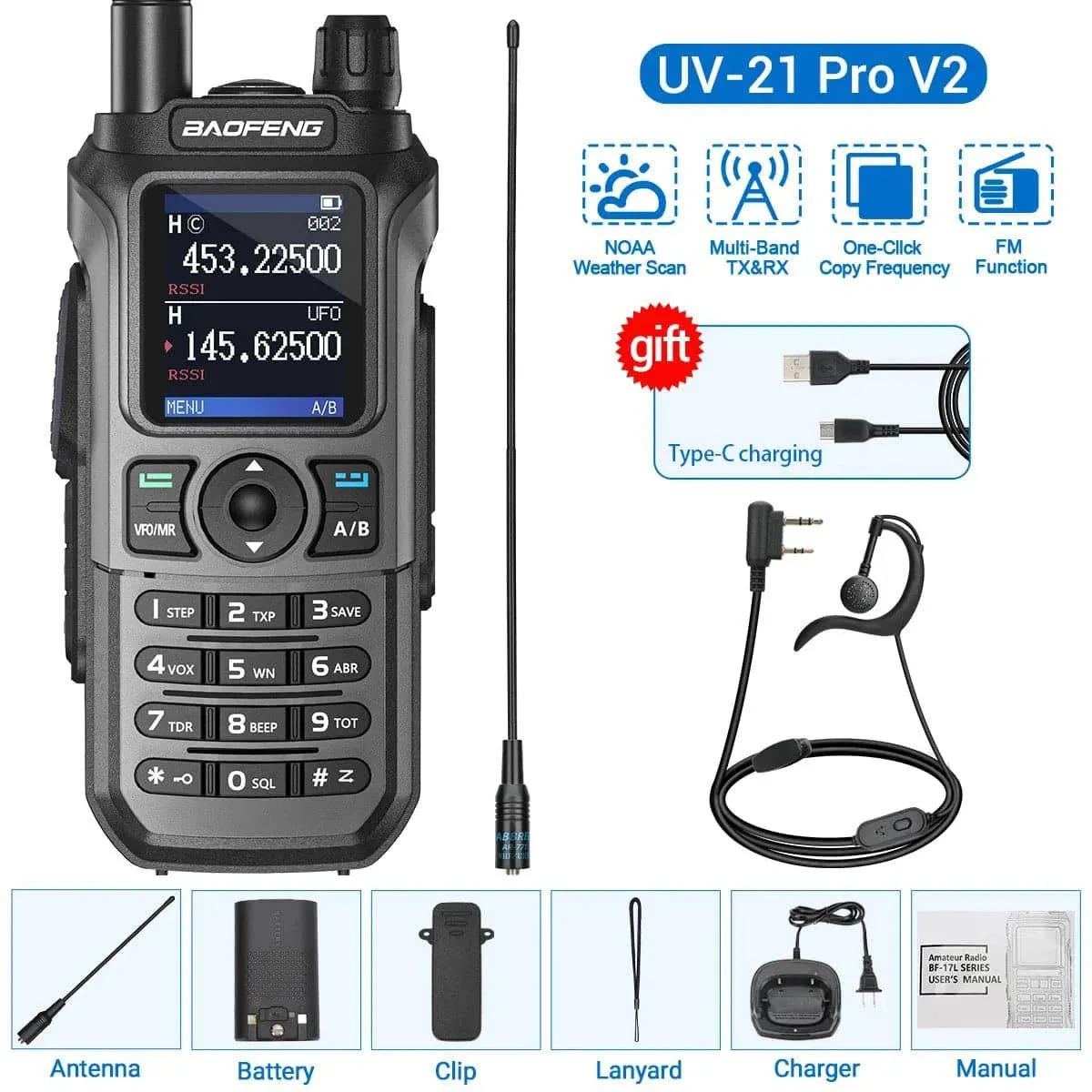 Baofeng UV-21 Pro Walkie Talkie Tri-Band Wireless Copy Frequency Long Range 999CH NOAA High Power Type-C UV-5R Ham Two Way Radio