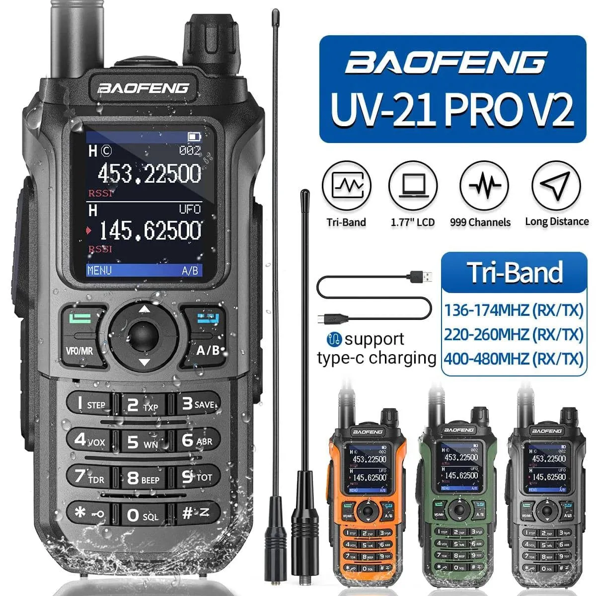 Baofeng UV-21 Pro Walkie Talkie Tri-Band Wireless Copy Frequency Long Range 999CH NOAA High Power Type-C UV-5R Ham Two Way Radio