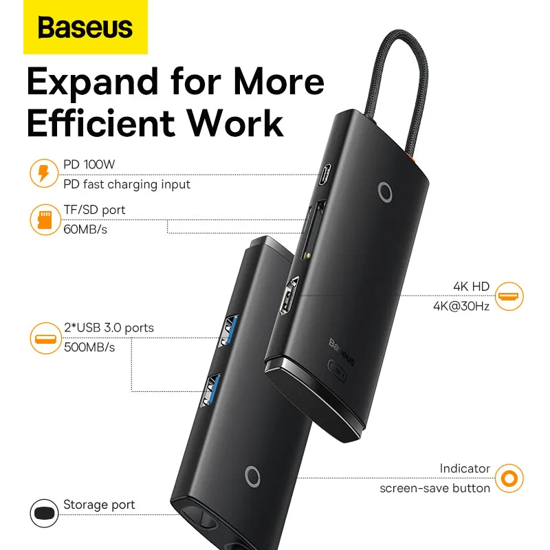 Baseus Lite Series 6-Port USB Type C Hub (Type-C to HDMI USB3.0*2 PD SD/TF) (Black)-WKQX080301