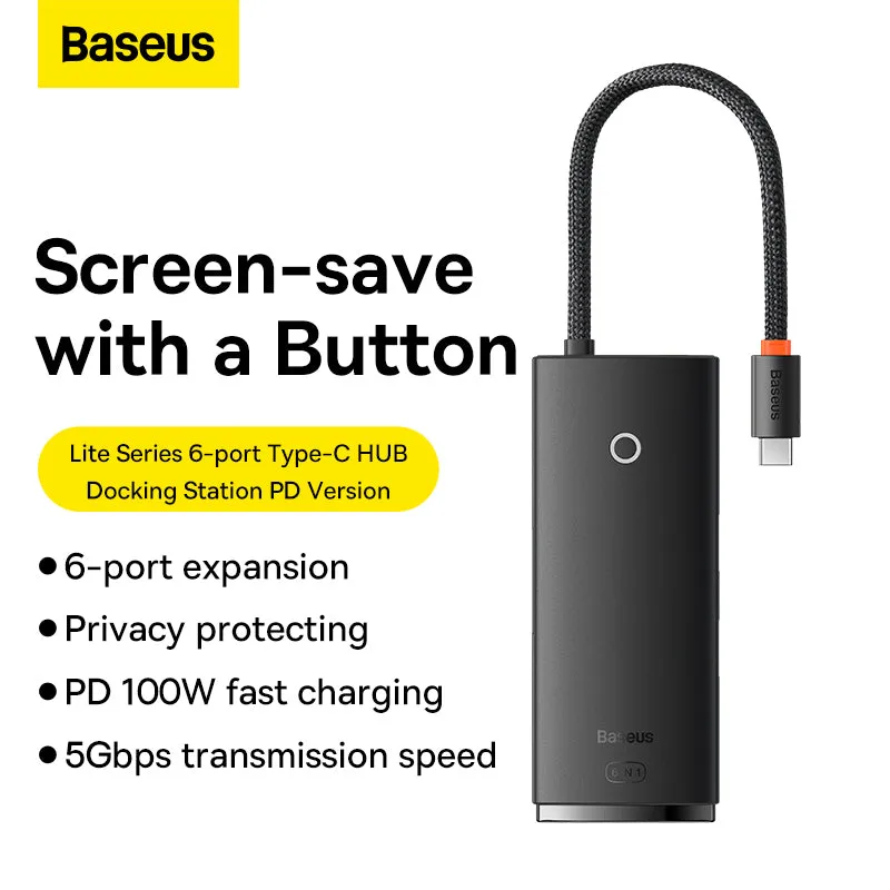 Baseus Lite Series 6-Port USB Type C Hub (Type-C to HDMI USB3.0*2 PD SD/TF) (Black)-WKQX080301