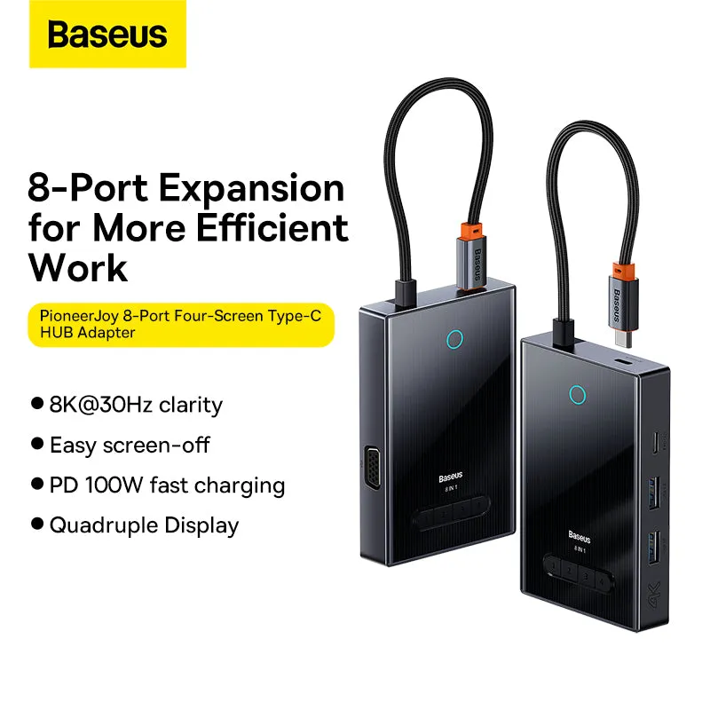 Baseus PioneerJoy 8-Port Four-Screen Type-C HUB Adapter Gray（Type-C to HDMI4K@60Hz*1 HDMI4K@30Hz*1 DP8K@30Hz*1 VGA USB3.0*2 Type-C（Data PD out)*1 PD*1）-WKYY030413