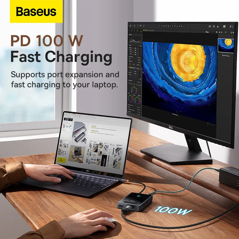 Baseus PioneerJoy 8-Port Four-Screen Type-C HUB Adapter Gray（Type-C to HDMI4K@60Hz*1 HDMI4K@30Hz*1 DP8K@30Hz*1 VGA USB3.0*2 Type-C（Data PD out)*1 PD*1）-WKYY030413