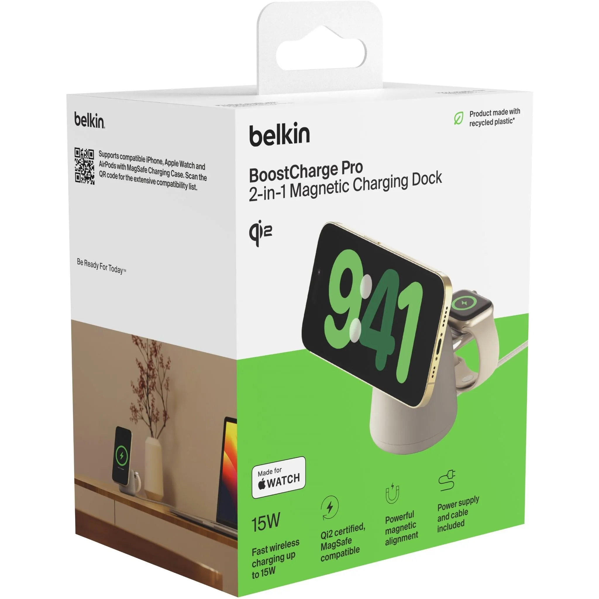 Belkin BoostCharge Pro 2-in-1 Wireless Charging Dock with Qi2 15W (Sand)