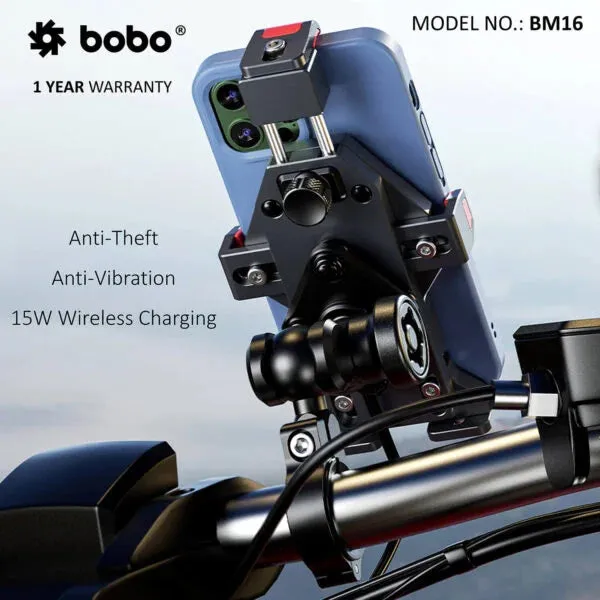 BOBO BM16 Anti-Vibration Metallic Bike Phone Holder (with Fast 15W Wireless Charger) Motorcycle Mobile Mount