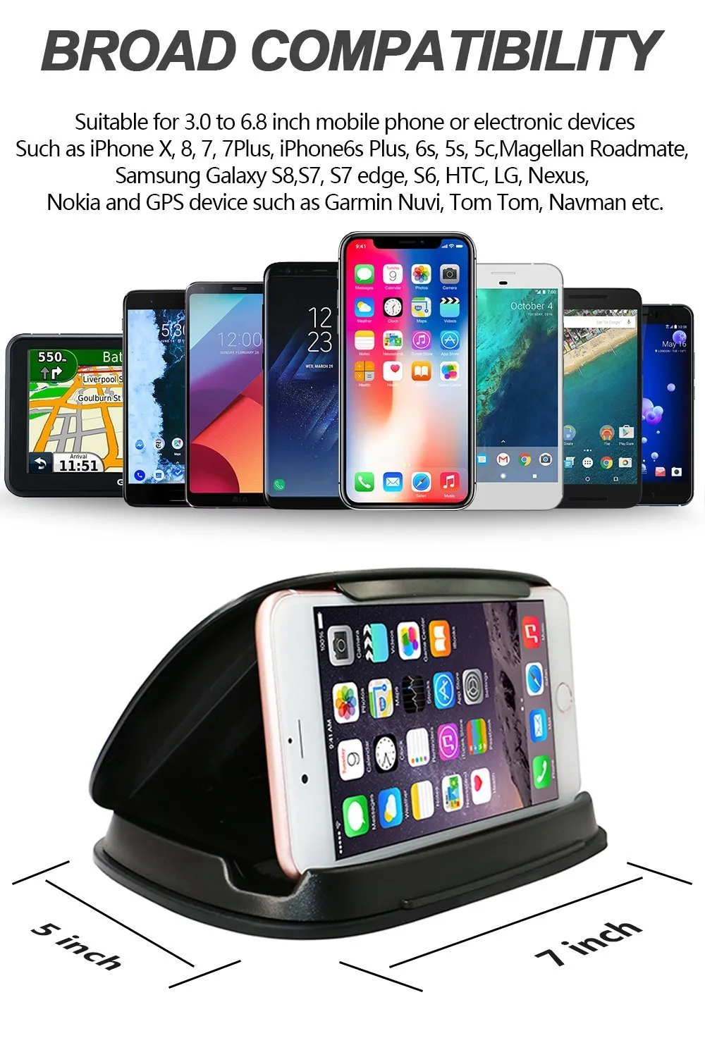 Bosynoy Cell Phone Holder for Car, Car Phone Mounts for iPhone 7 Plus, Dashboard GPS Holder Mounting in Vehicle for Samsung Galaxy S8, and other 3-6.8 Inch Universal Smartphone