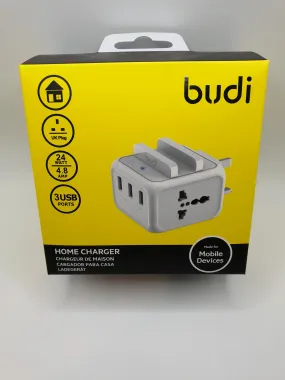 Budi Home Charger UK Plug 24Watt 4.8AMP 3x USB Ports Fast Charging For Smartphones Tablets With Holder Shavers International Adapters