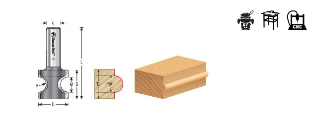 Bullnose Router Bit | 1⁄4 Radius x 1 Dia x 1 x 1⁄2"Shank | 51557 | 738685515570