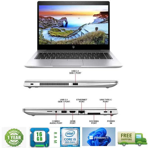 Combo HP EliteBook 840 G5 Laptop i5 Turbo upto 3.6 GHz 16GB RAM 512GB SSD 14 Inch HD Webcam Windows 11 Pro 2X 24” Monitors Dock keyboard Mouse