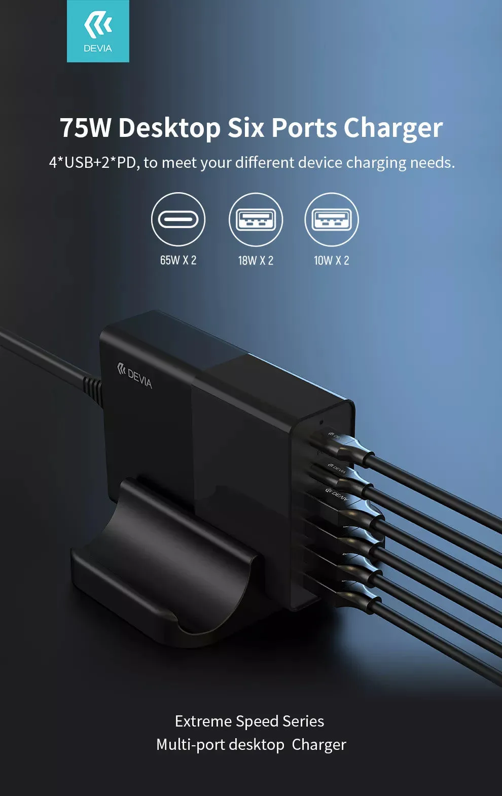 Devia Multi-Port 75W USB-C & USB Desktop Stand Charger for Mobile Phones, Tablets & Laptops - Black