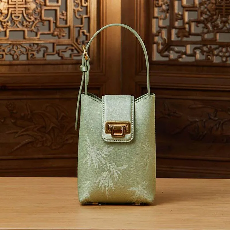 Embossed Leather Green Bamboo Leaf Phone Bag